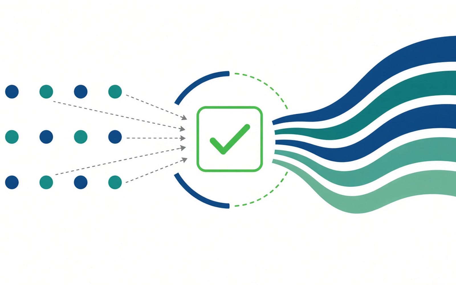 Illustration abstraite : points d’entrée qui convergent vers un checkmark central puis des flux sortants, pour le setup du consentement WhatsApp au checkout