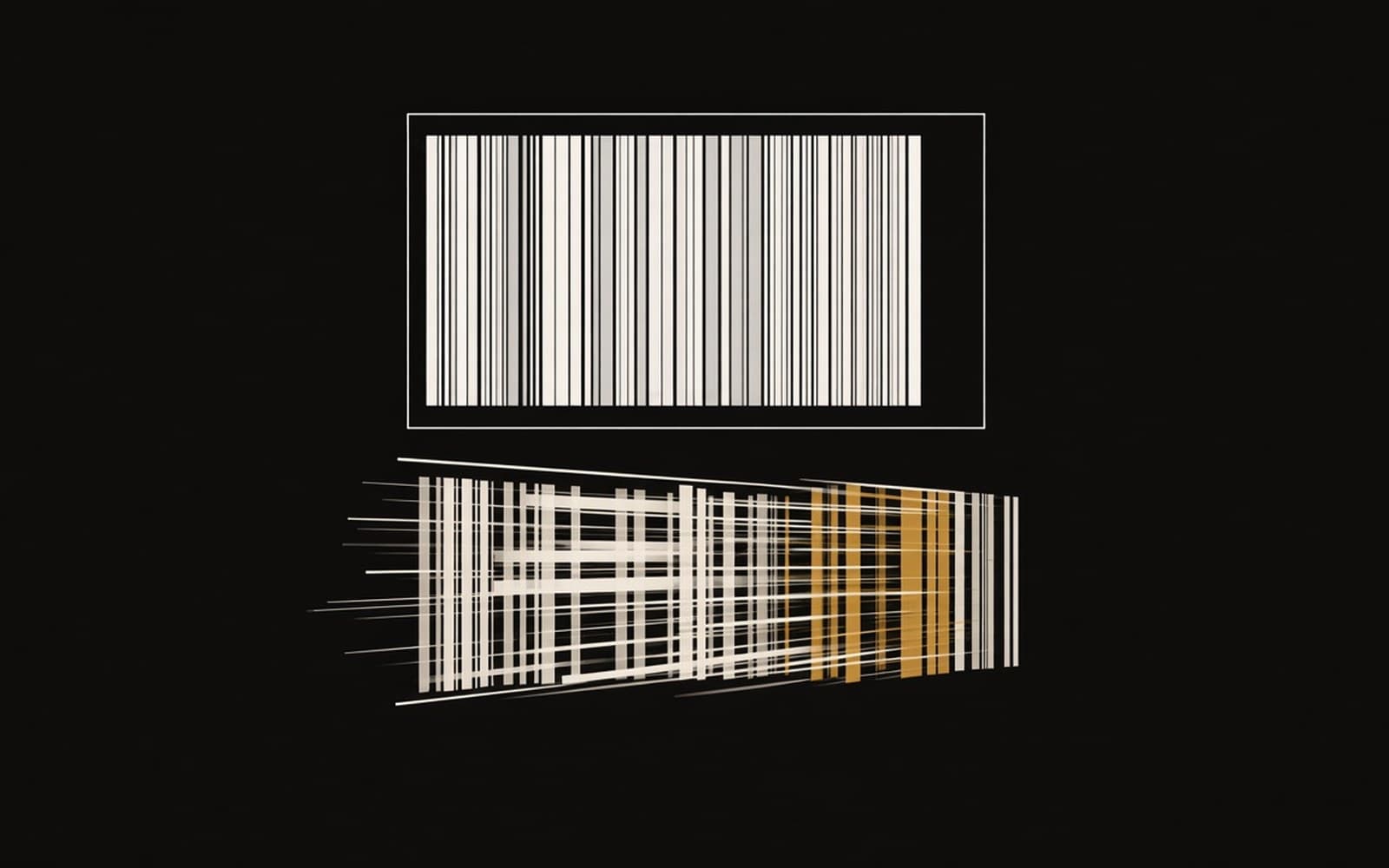 Illustration abstraite : deux bandes type code-barres (domestic vs international express), pour comparer les étiquettes Shopify France