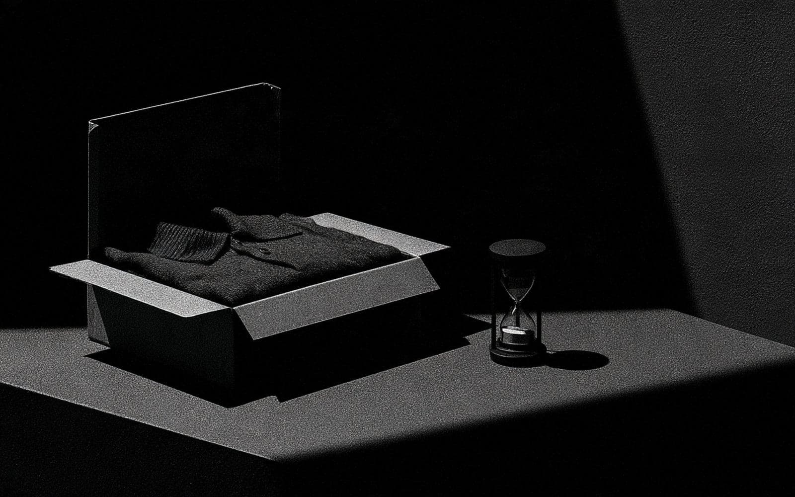 Un pull plié dans une boîte ouverte à côté d'un sablier, photographie éditoriale sombre en noir et blanc au grain tramé éclairée par une diagonale de lumière.