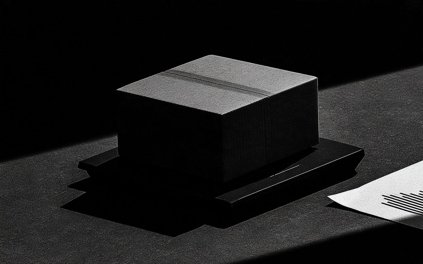 Une boîte noire et un document à graphique éclairés par une diagonale de lumière, photographie éditoriale sombre en noir et blanc au grain tramé.