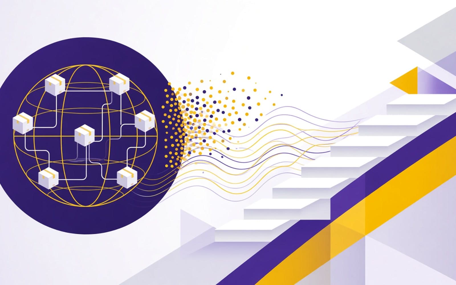 Illustration abstraite : globe logistique avec colis qui se transforment en flux de données et escalier de croissance, pour la rentabilité internationale Shopify