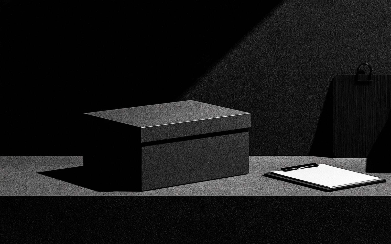 Une boîte noire fermée et un presse-papiers à feuille blanche sur une surface sombre, photographie éditoriale en noir et blanc au grain tramé sous une diagonale de lumière.