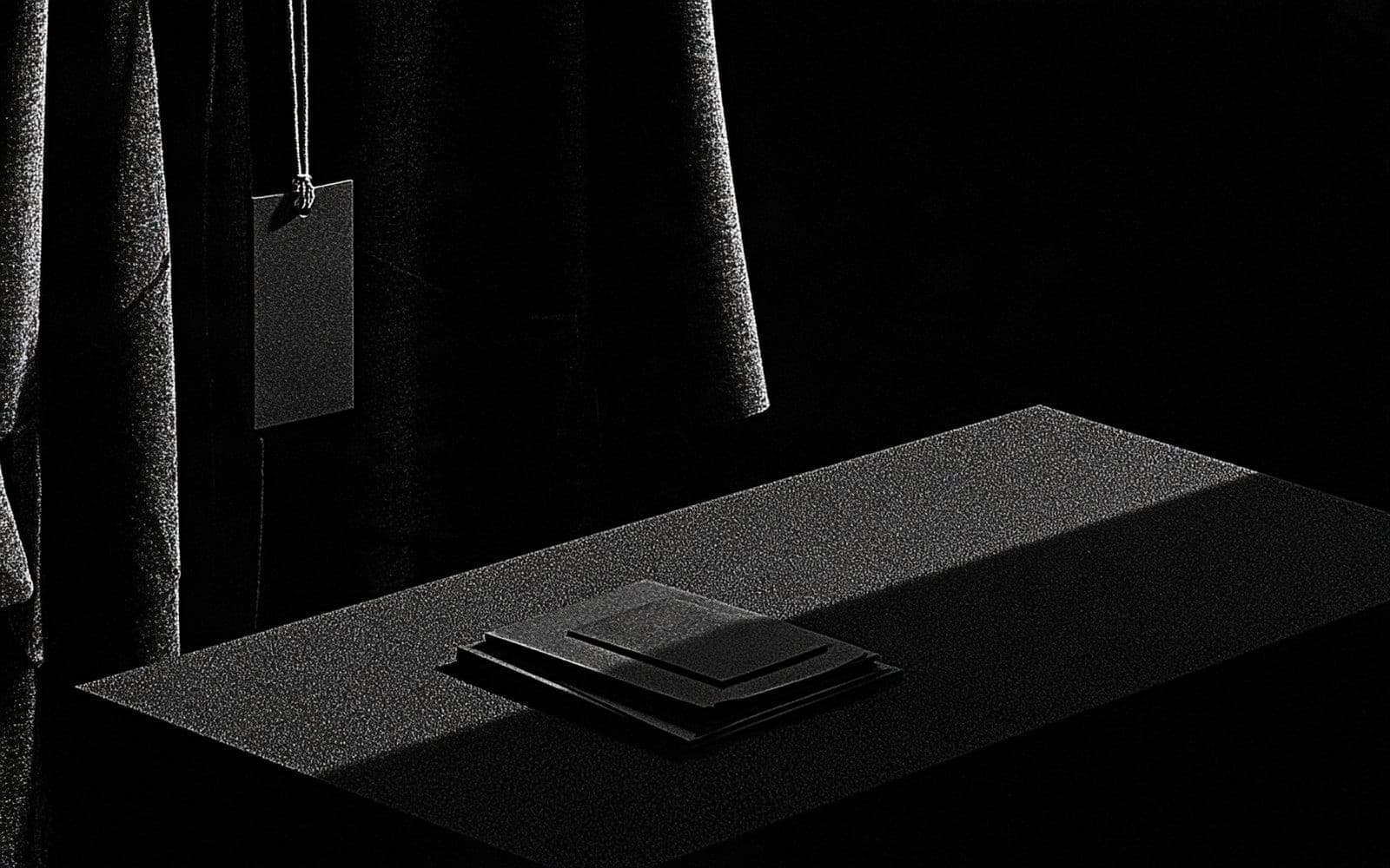 Une étiquette suspendue devant un tissu sombre et une pile de carnets noirs sur une table, photographie éditoriale sombre en noir et blanc au grain tramé.