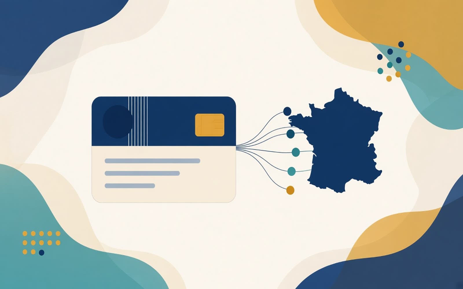 Illustration abstraite : carte de paiement et carte de France avec des lignes de flux financiers, symbolisant les payouts multi-devises Shopify en France