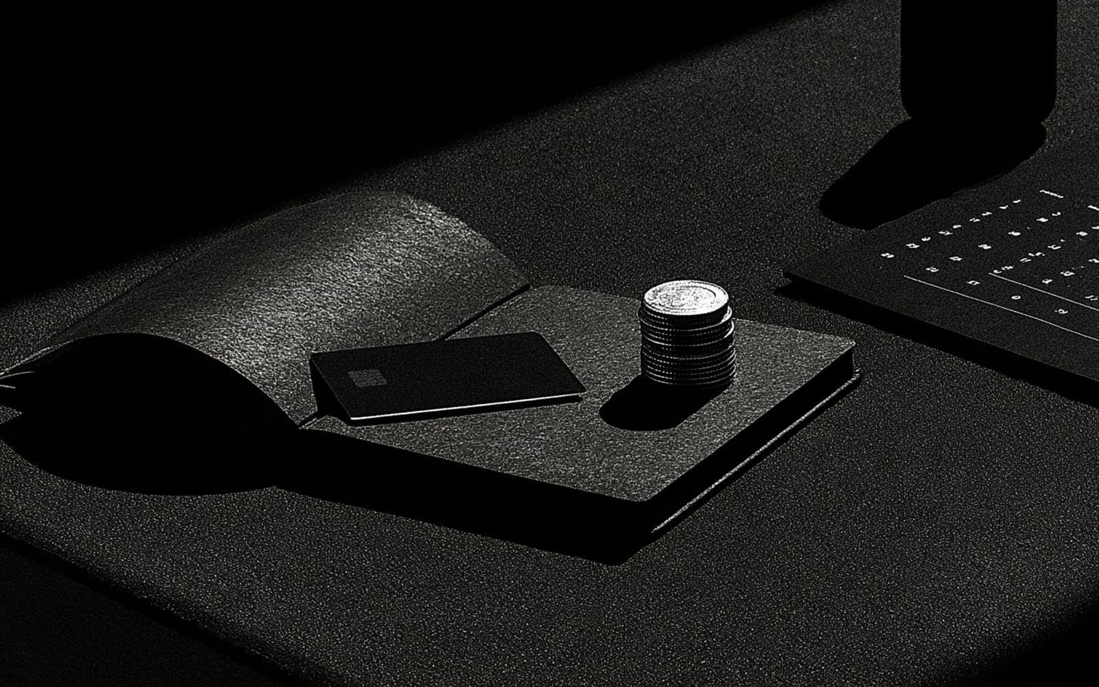Une carte bancaire et des pièces posées sur un carnet ouvert près d'un clavier, photographie éditoriale sombre en noir et blanc au grain tramé sous une diagonale de lumière.