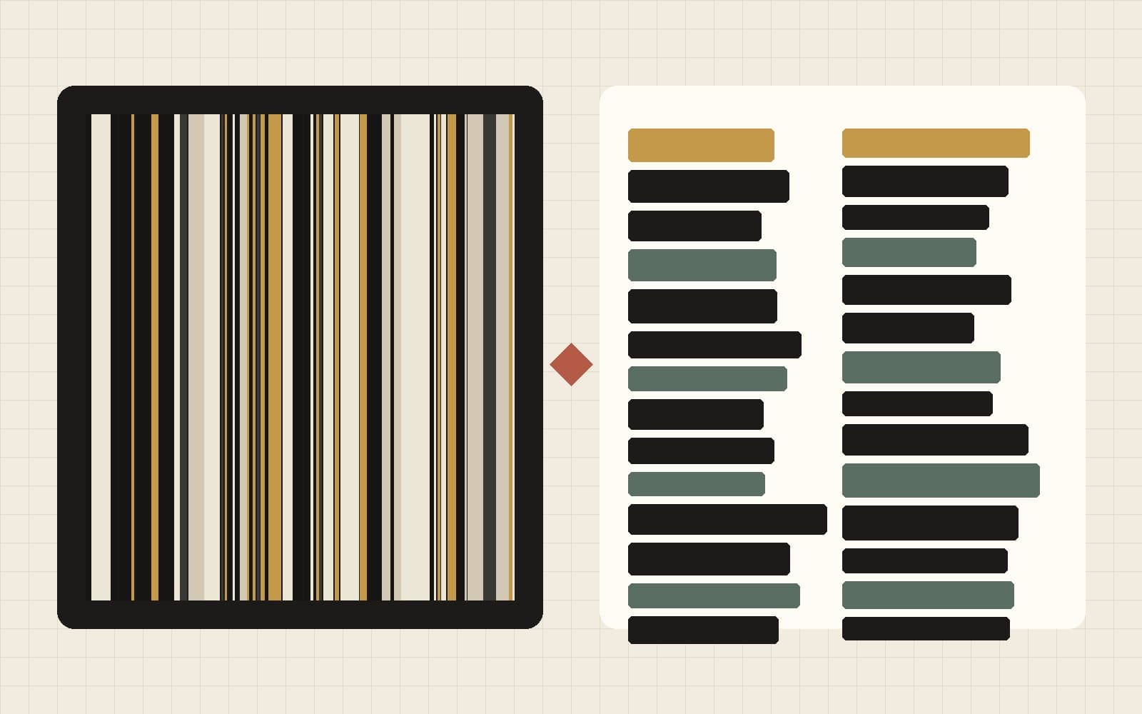 Illustration abstraite : code-barres et bandes de split de trafic face à un marqueur de conflit, pour le setup Shopify Rollouts