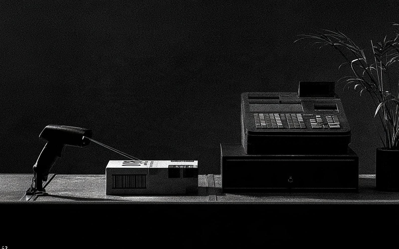 Un scanner codes-barres visant une boîte à côté d'une caisse enregistreuse, photographie éditoriale sombre en noir et blanc au grain tramé.