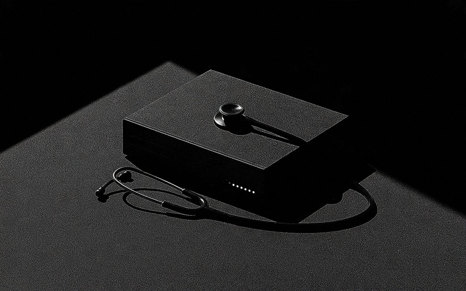 Un cadenas en métal brossé et une carte électronique posés sur un bureau mat sombre, photographie éditoriale en noir et blanc au grain tramé sous une lumière directionnelle douce.