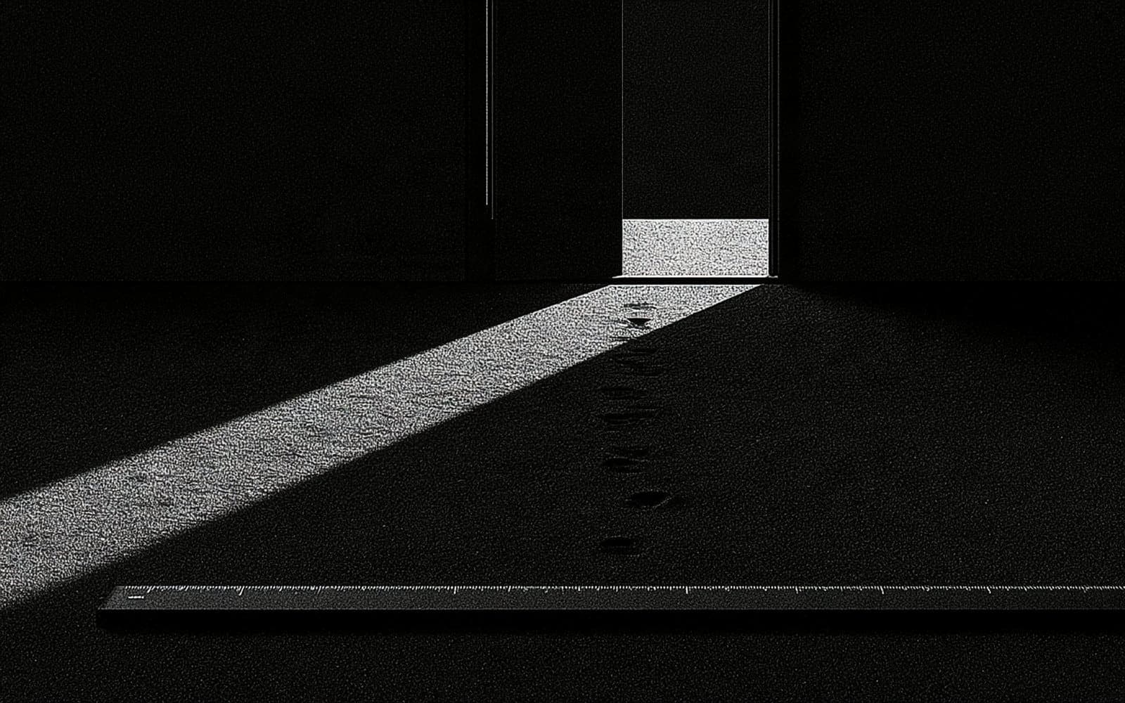 Une règle graduée au sol face à une porte entrouverte d'où part une diagonale de lumière, photographie éditoriale sombre en noir et blanc au grain tramé.