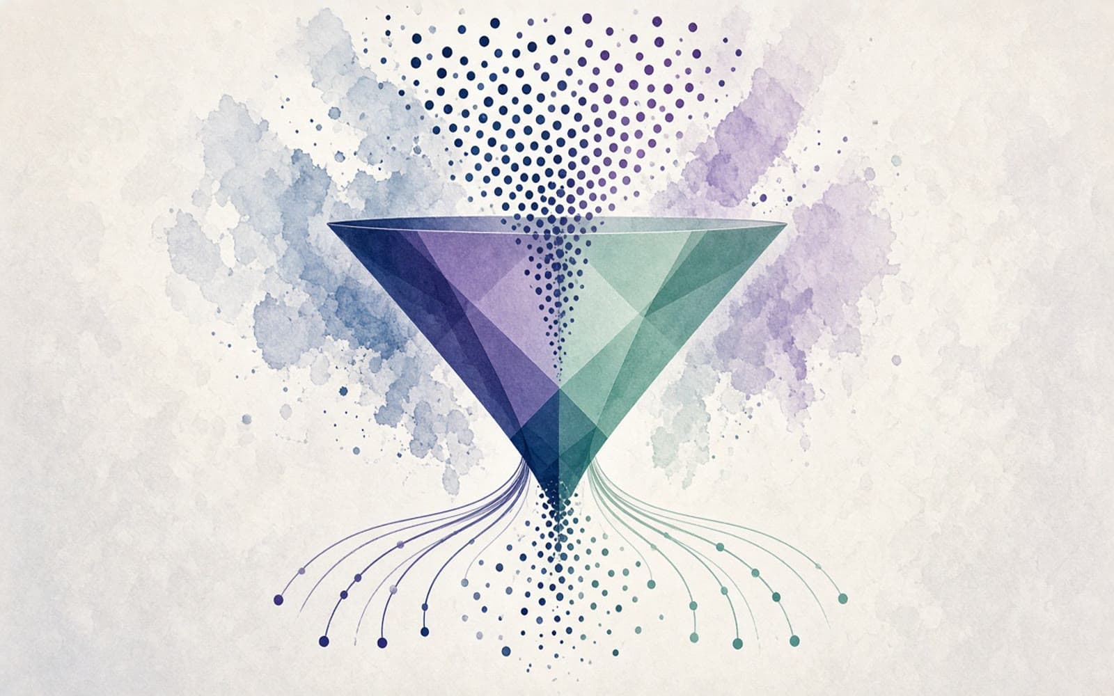 Illustration abstraite d’un entonnoir de données : points bruts filtrés en parcours structurés, pour les sessions Shopify Analytics